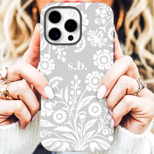 Retro Wilde Bloem Grijs Bloemmotief Initiaal Case-Mate iPhone Case