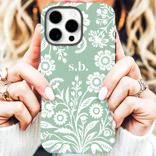 Retro Wilde Bloem Mintgroene Bloemige Monogram iPhone 16 Pro Max Hoesje