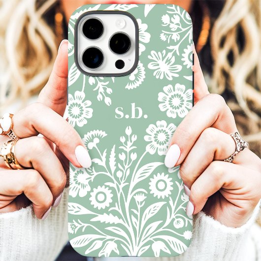 Retro Wilde Bloem Mintgroene Bloemige Monogram Case-Mate iPhone Case