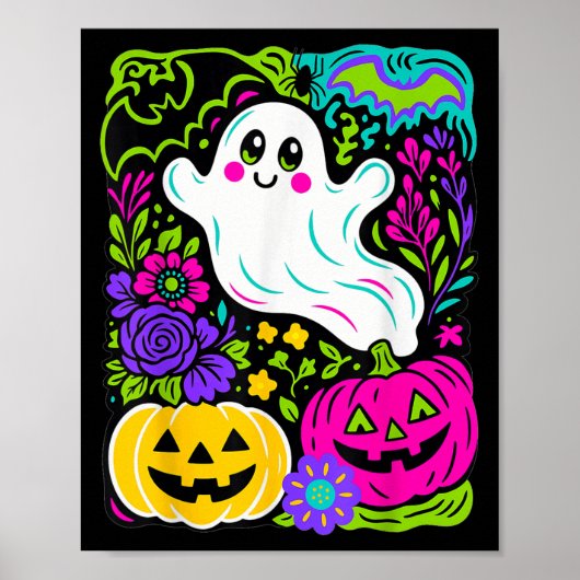 Retro Wildflower Boho Ghost Floral Halloween Cute  Poster (Voorkant)