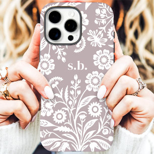 Retro Wildflower Dusty Paarse Bloemmonogram iPhone 16 Pro Max Hoesje