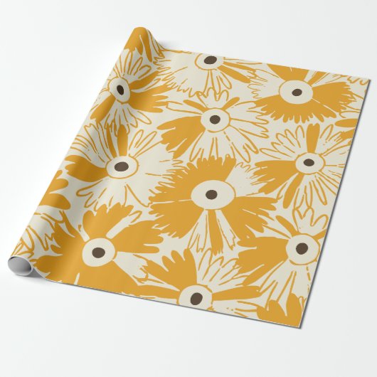 Retro Wildflower Large Scale Floral Goldenrod Cadeaupapier (Uitgerold)