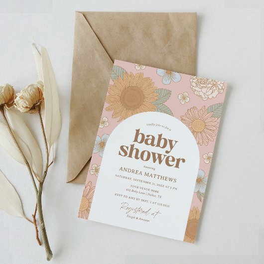 Retro Wildflower Meisje Baby shower Kaart