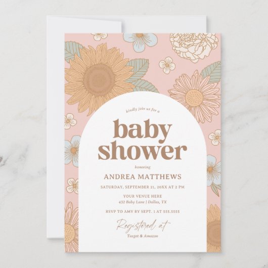 Retro Wildflower Meisje Baby shower Kaart (Voorkant)