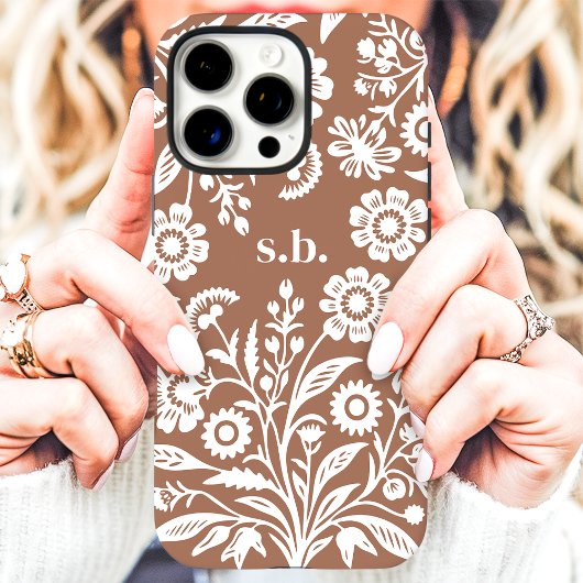 Retro Wildflower Mocha Mousse Floral Monogram Case-Mate iPhone Case