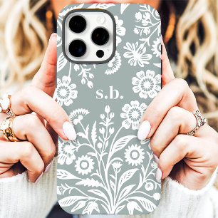 Retro Wildflower Sage Groene Bloemmonogram iPhone 16 Pro Max Hoesje