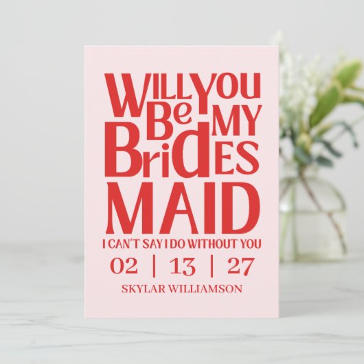 Retro Will You Be My Bridesmaid Red Pink Kaart (Staand voorkant)