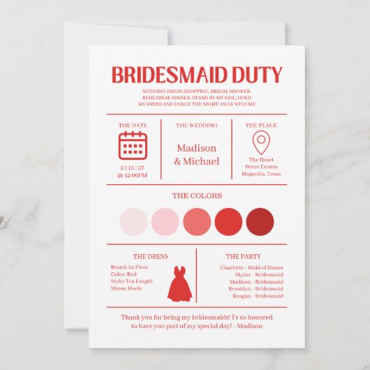 Retro Will You Be My Bridesmaid Red Pink Kaart (Achterkant)