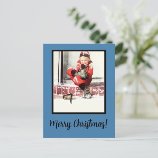 Retro Winter Baby Stps Blue Framed Kerstmis Feestdagenkaart (Staand voorkant)