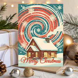 Retro Winter Cabin Sneeuwstorm Kerstmis Feestdagen Kaart