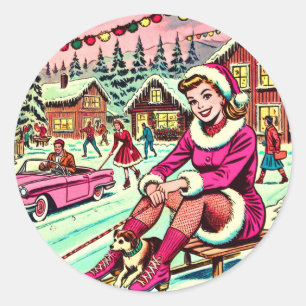 Retro Winter Christmas Comics Ronde Sticker