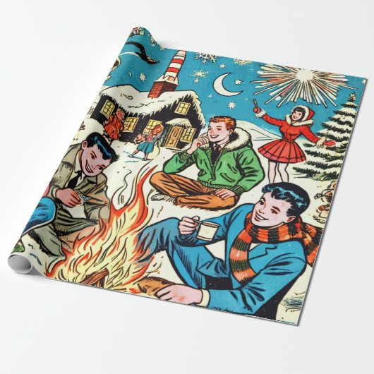Retro Winter Comics Cadeaupapier (Uitgerold)