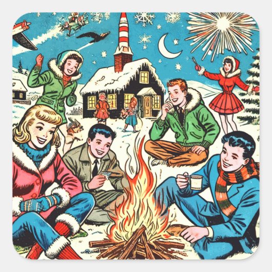 Retro Winter Comics Vierkante Sticker (Voorkant)
