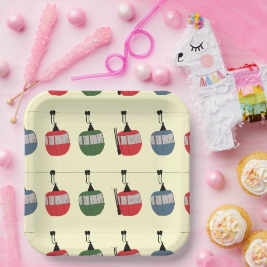 Retro Winter Ski Gondola Lift Skiërs Cream Papieren Bordje (Feest)