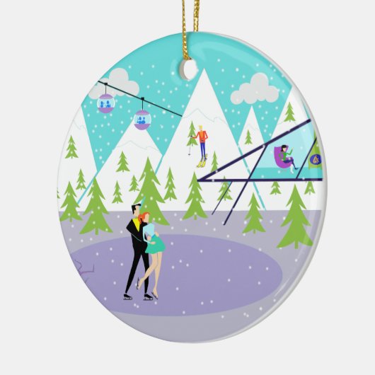 Retro Winter Ski Resort kerstversiering Keramisch Ornament (Links)