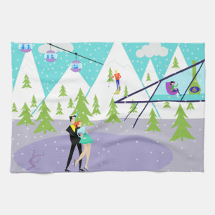Retro Winter Ski Resort Kitchen Towel Theedoek