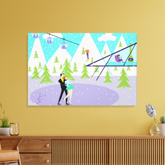 Retro Winter Ski Resort Stretched Canvas Afdrukken (Insitu (Woonkamer))