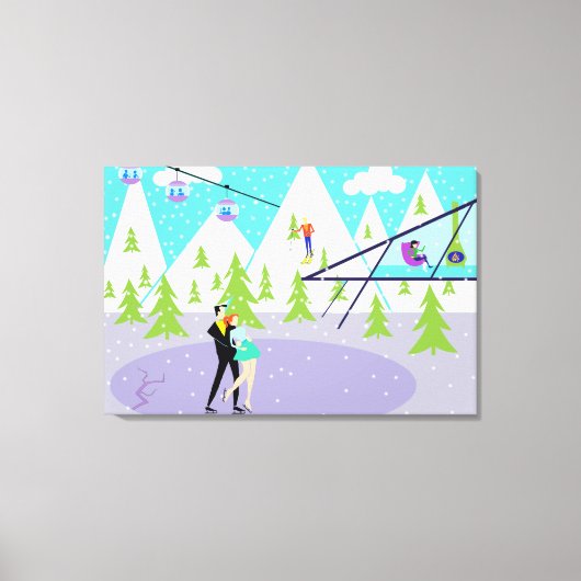Retro Winter Ski Resort Stretched Canvas Afdrukken (Voorkant)