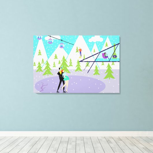 Retro Winter Ski Resort Stretched Canvas Afdrukken (Insitu (Houten vloer))