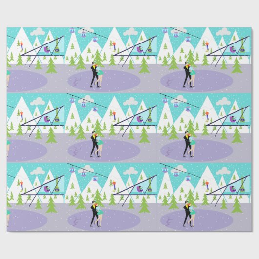 Retro Winter Ski Resort Wrappapier Cadeaupapier (Vlak)
