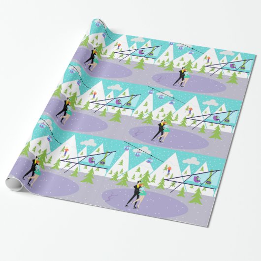 Retro Winter Ski Resort Wrappapier Cadeaupapier (Uitgerold)