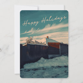 Retro Winter Snow Landscape Teal Sky Holiday Feestdagenkaart