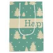 Retro Winter Trees op Turquoise met tekstband Medium Cadeauzakje (Achterkant)