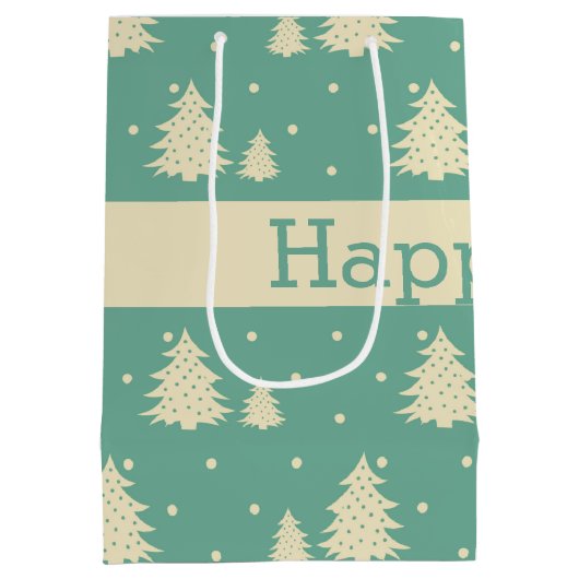 Retro Winter Trees op Turquoise met tekstband Medium Cadeauzakje (Achterkant)
