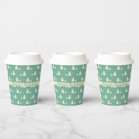 Retro Winter Trees op Turquoise met tekstband Papieren Bekers (Multi)