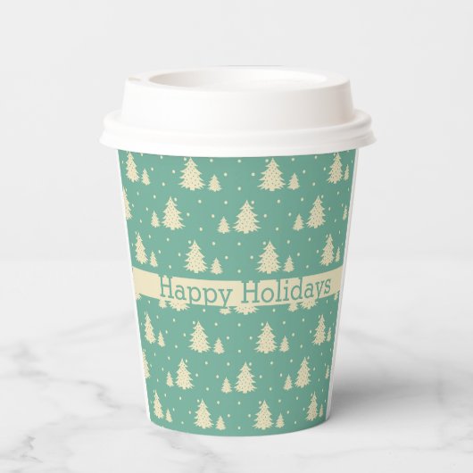 Retro Winter Trees op Turquoise met tekstband Papieren Bekers (Achterkant)