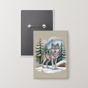 Retro Winter Wolf Waterverf 90's Wildernis Natuur Button