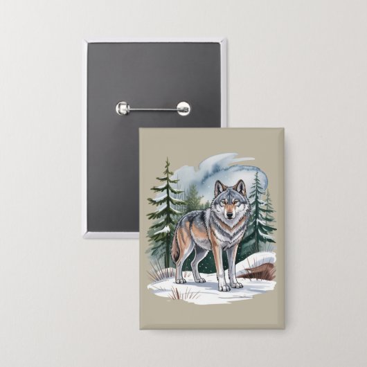 Retro Winter Wolf Waterverf 90's Wildernis Natuur Button (Voorkant / Achterkant)