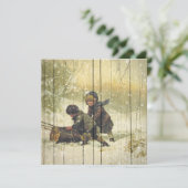 Retro |  winterkinderen die op sneeuw spelen feestdagenkaart (Staand voorkant)