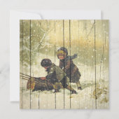 Retro |  winterkinderen die op sneeuw spelen feestdagenkaart (Voorkant)