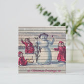 Retro | winterkinderen die Snowman maken Feestdagenkaart (Staand voorkant)