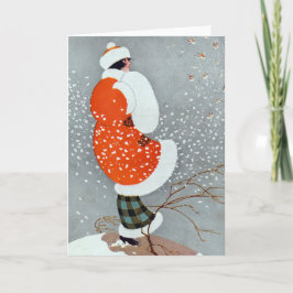 retro wintervrouw sneeuwrood grijs wit kaart