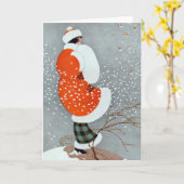 retro wintervrouw sneeuwrood grijs wit kaart (Gele Bloem)