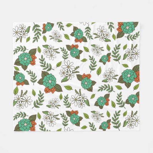Retro Wit en Groen Bloemmotief Fleece Deken (Voorkant (Horizontaal))