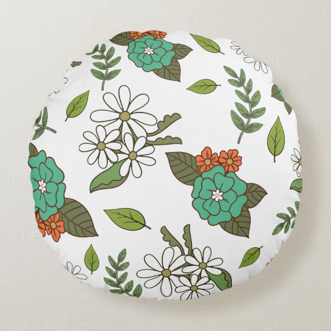 Retro Wit en Groen Bloemmotief Rond Kussen (Voorkant)
