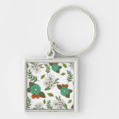 Retro wit en groen bloemmotief sleutelhanger (Voorkant)