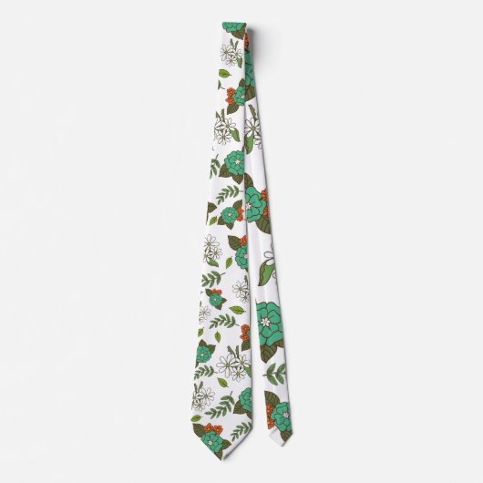 Retro Wit en Groen Bloemmotief Stropdas (Voorkant)