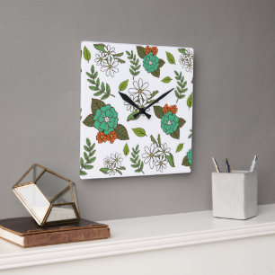 Retro wit en groen bloemmotief vierkante klok