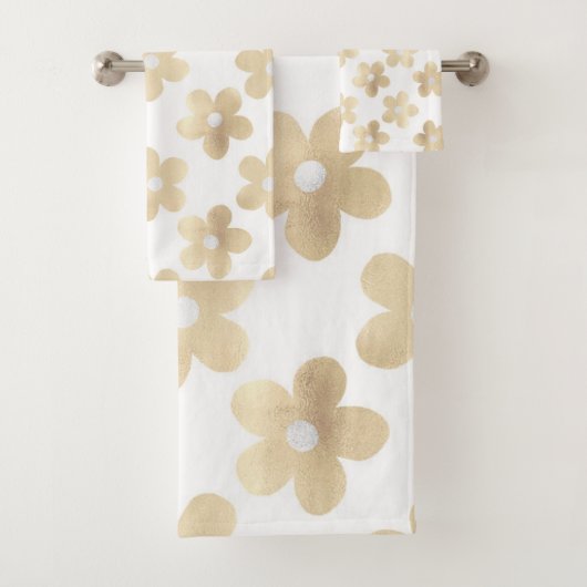 Retro Wit Goud Daisy Bloemen Bad Handdoek (Insitu)