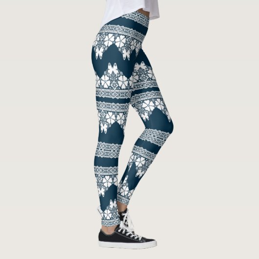 Retro wit kant met vlinders op een donkerblauwe b leggings (Rechts)
