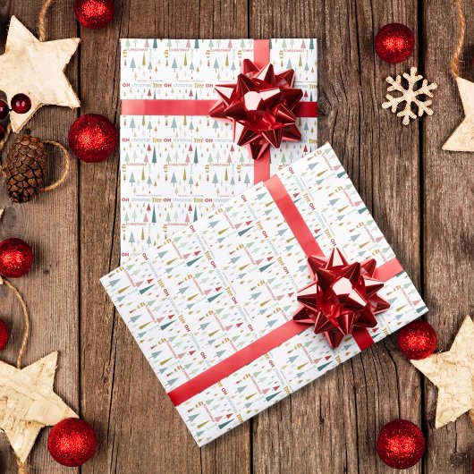 Retro Wit Kleurrijk Oh Kerstboom Vakantie Cadeaupapier