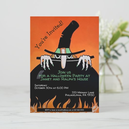 Retro Witch Halloween Uitnodigen Kaart (Staand voorkant)