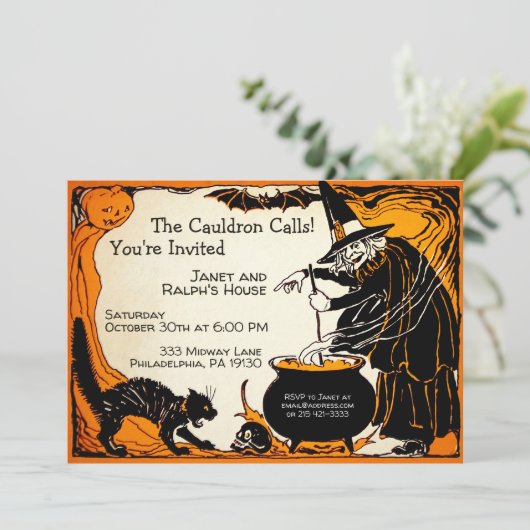 Retro Witch Halloween uitnodiging (Staand voorkant)