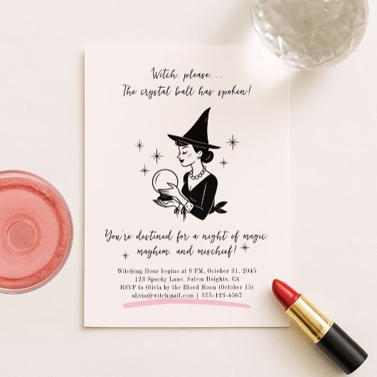 Retro Witch met Crystal Ball Halloween Party Kaart