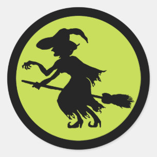 Retro Witch op Broom Silhouette Ronde Sticker