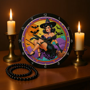 Retro Witch Oranje Moon Grote Klok
